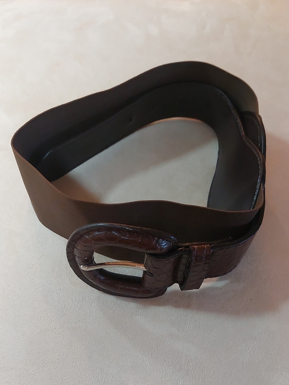 Classic Brown Sinthetic Leather and Elastic Belt with Croc-Embossed Buckle A